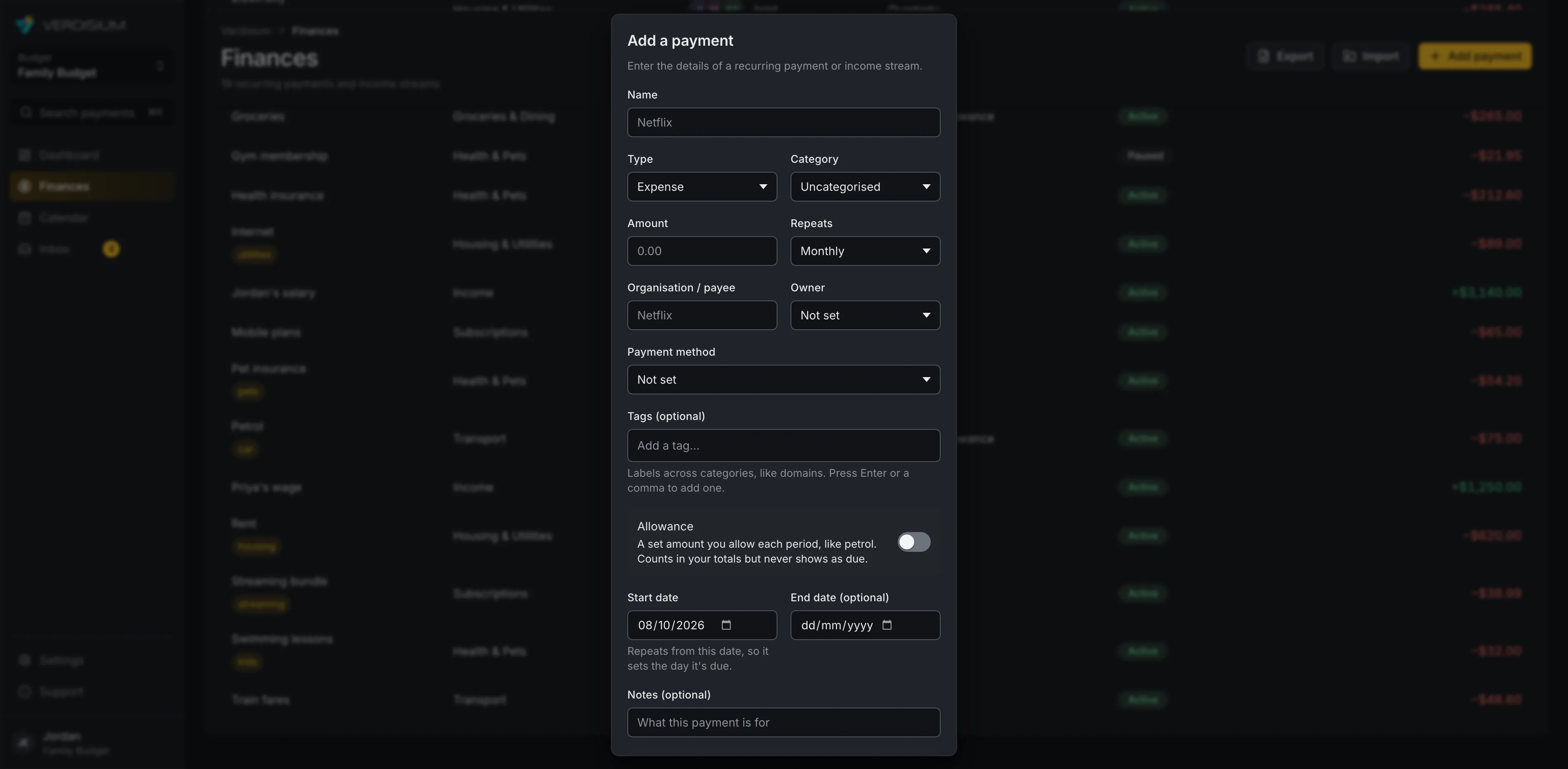 The Add a payment form: name, type, category, amount, how often it repeats, owner and start date