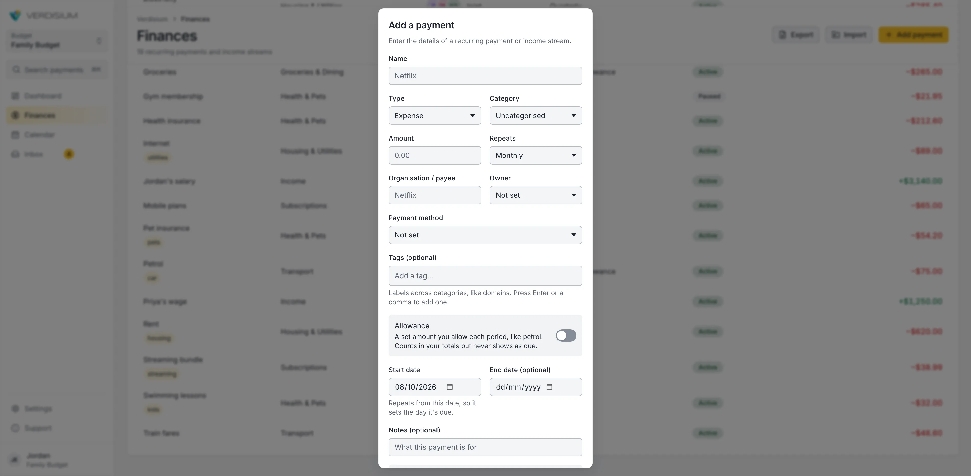 The Add a payment form: name, type, category, amount, how often it repeats, owner and start date