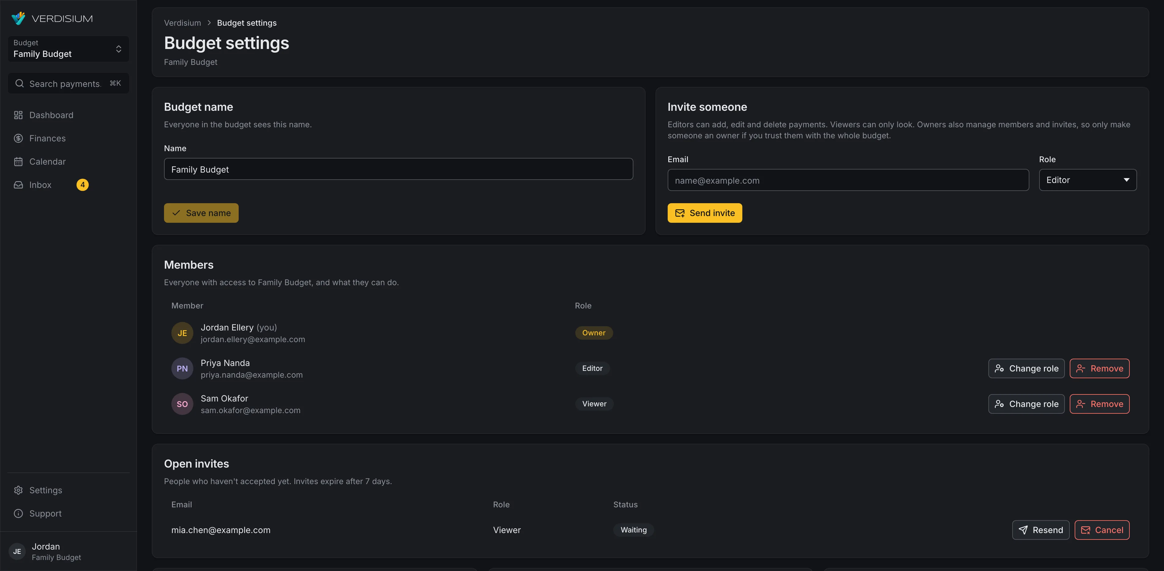 Budget settings showing members with Owner, Editor and Viewer roles, and an open invite