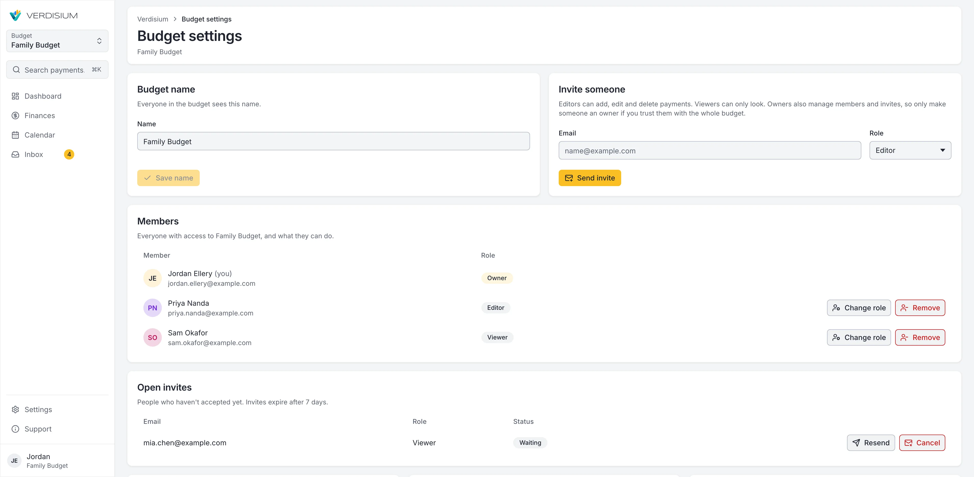 Budget settings showing members with Owner, Editor and Viewer roles, and an open invite