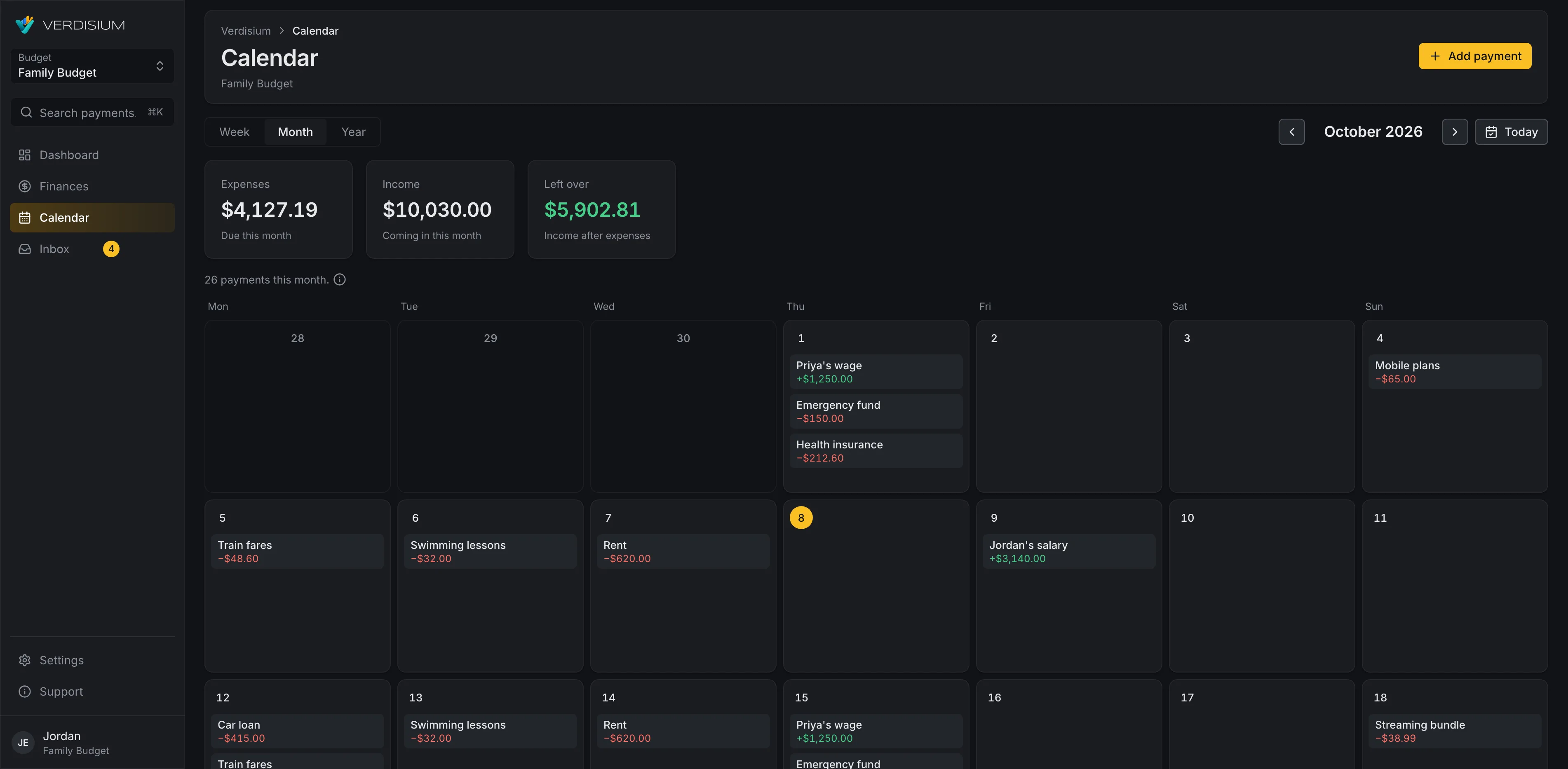The Calendar's month view with payments on the days they fall due