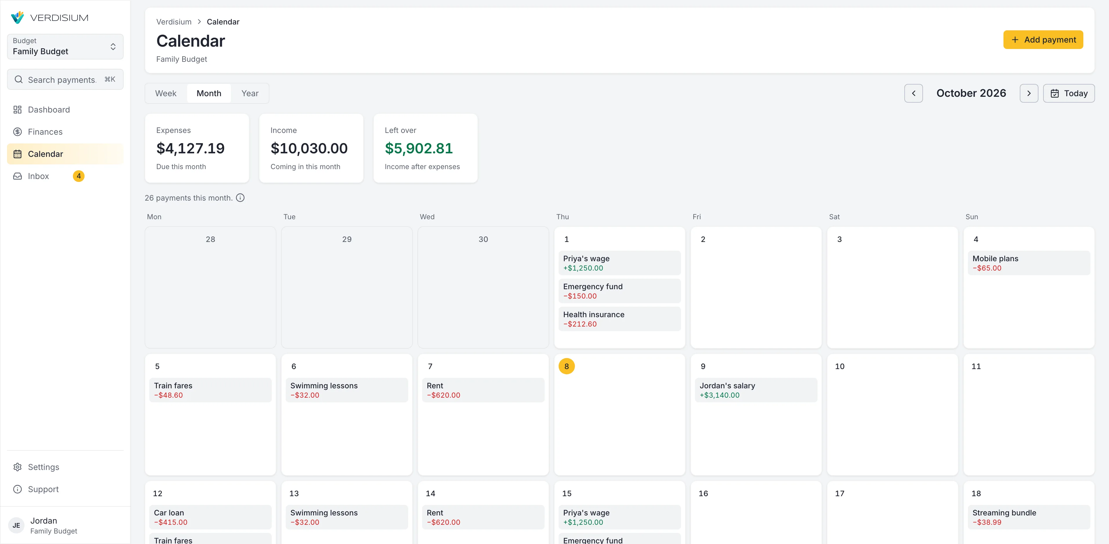 The Calendar's month view with payments on the days they fall due