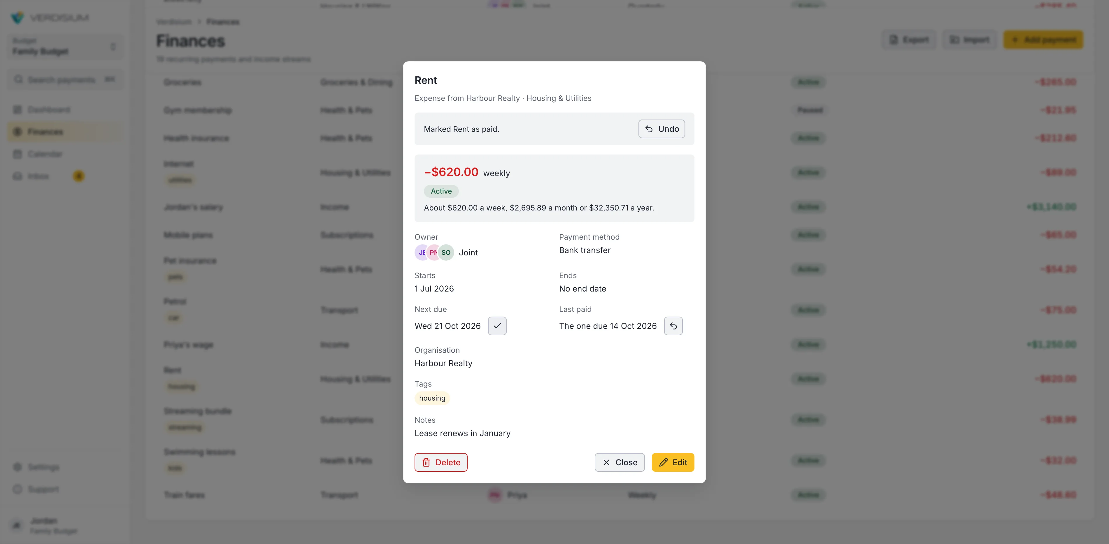 A payment's details just after marking it paid: a note with Undo, the next due date and the one last paid