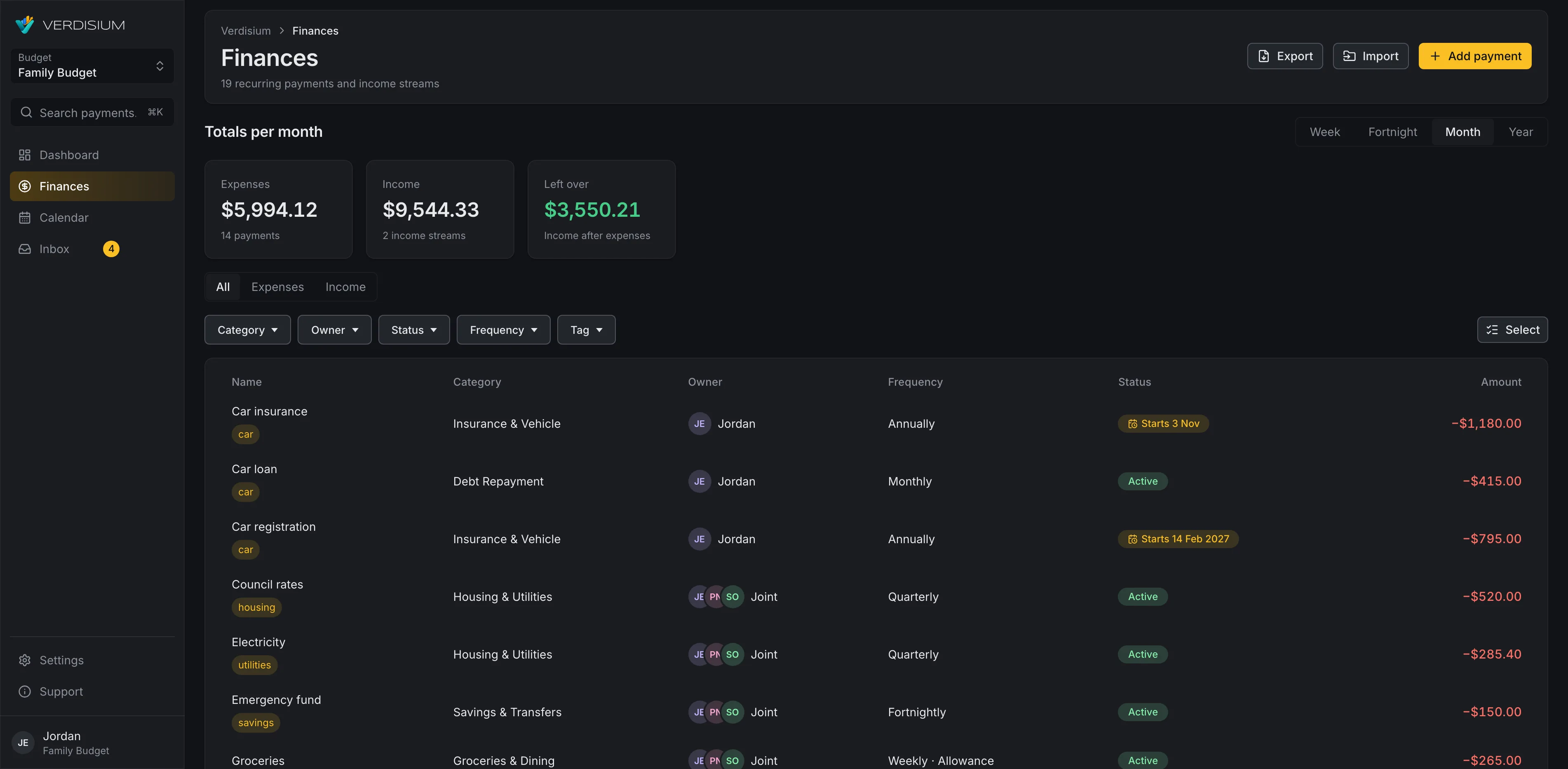 The Finances page listing recurring payments with categories, tags, owners and filters