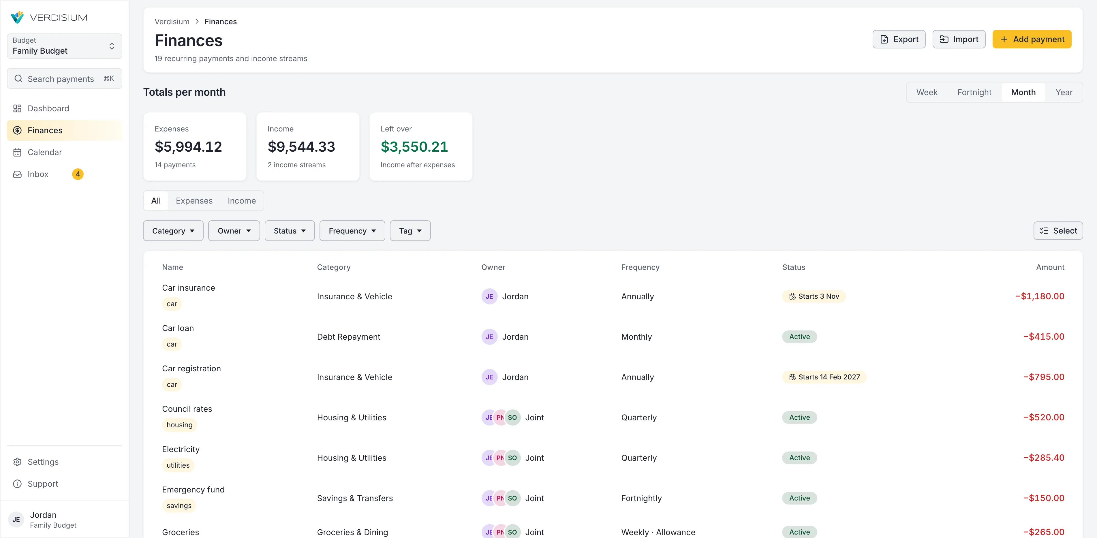 The Finances page listing recurring payments with categories, tags, owners and filters