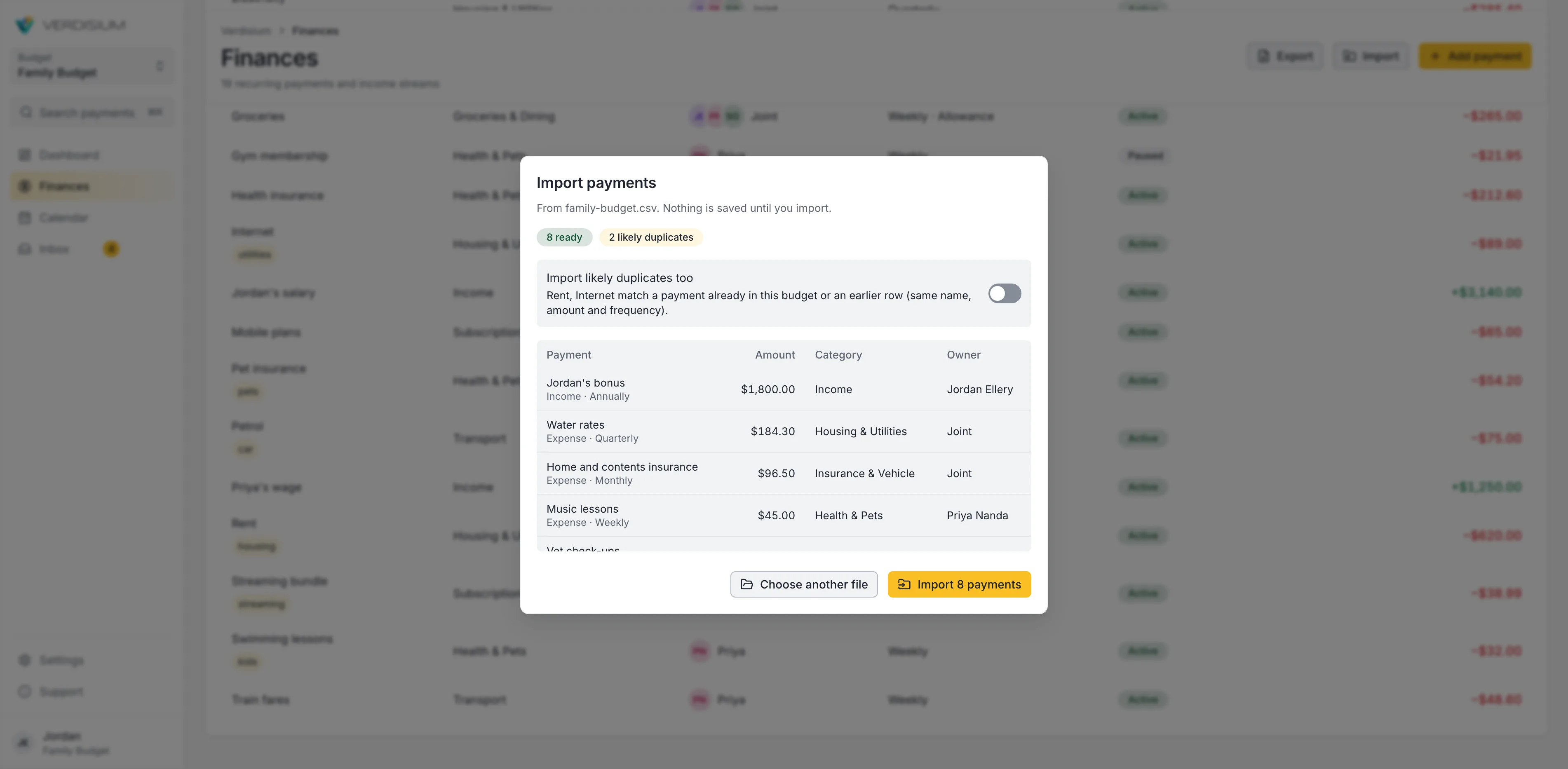 The import preview listing a spreadsheet's payments and the likely duplicates, ready to import
