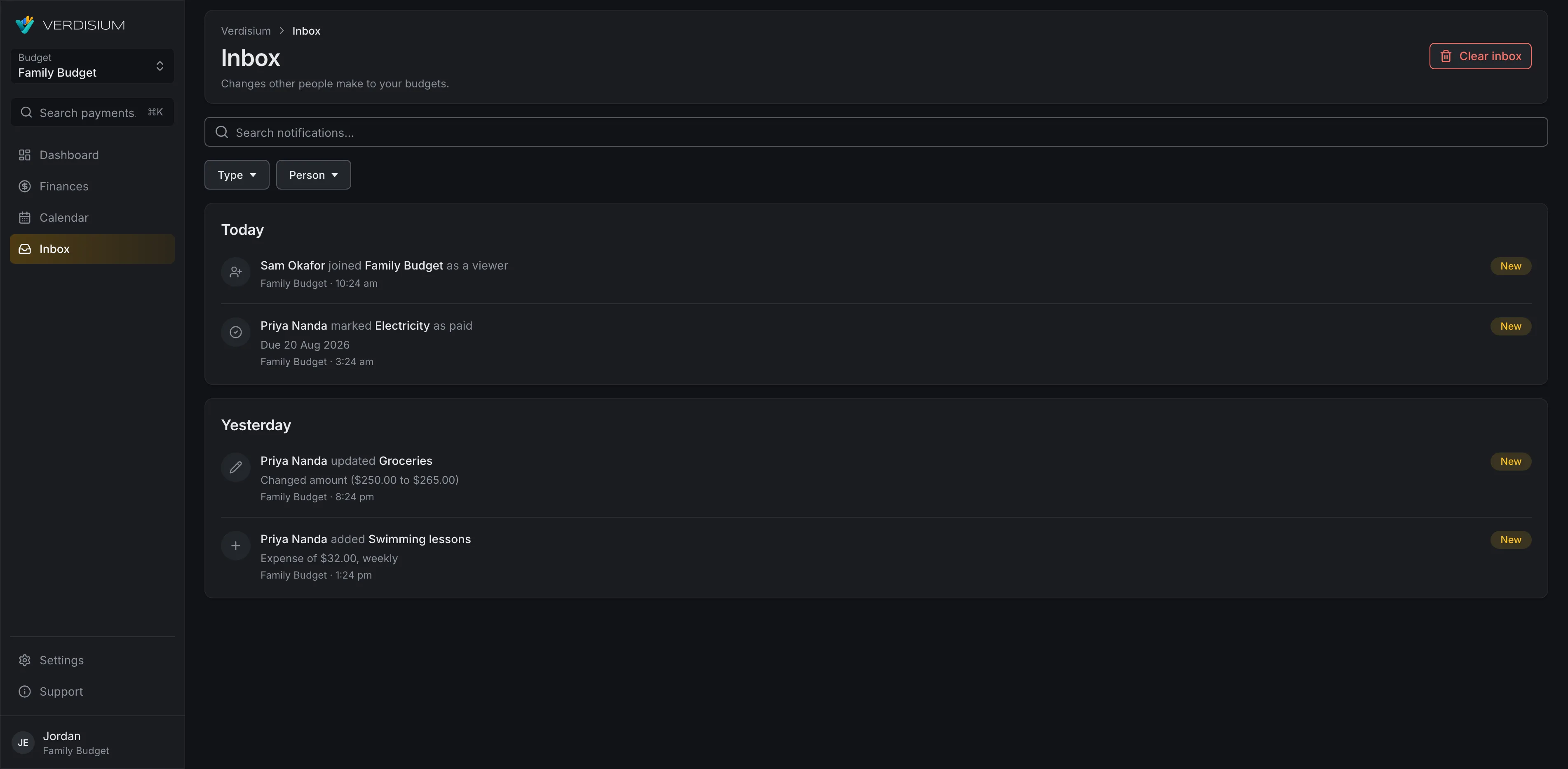 The Inbox listing recent changes made by other members of a budget