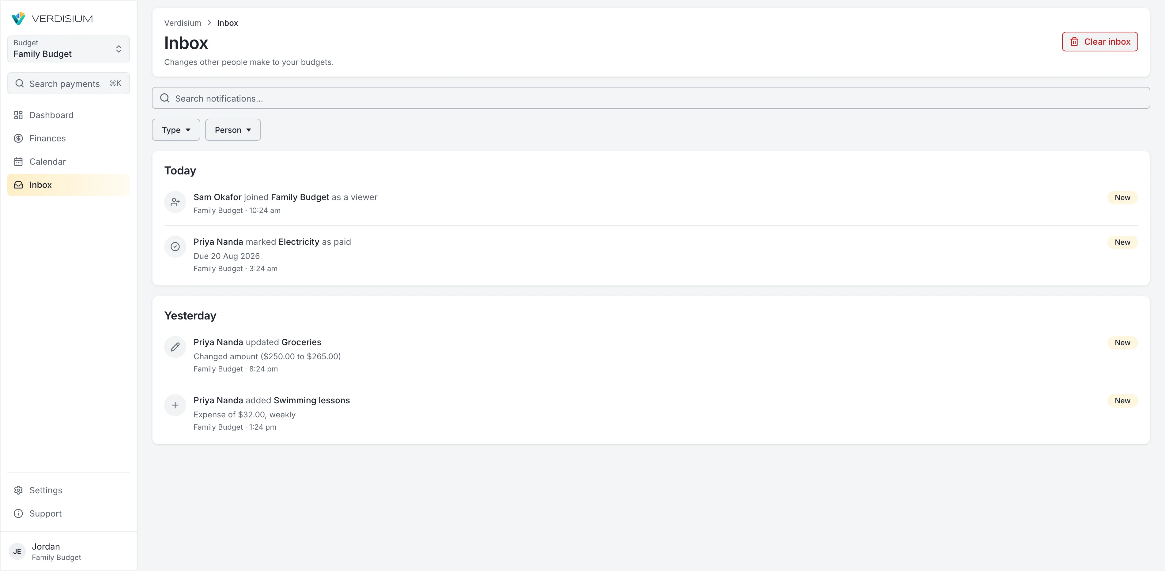 The Inbox listing recent changes made by other members of a budget