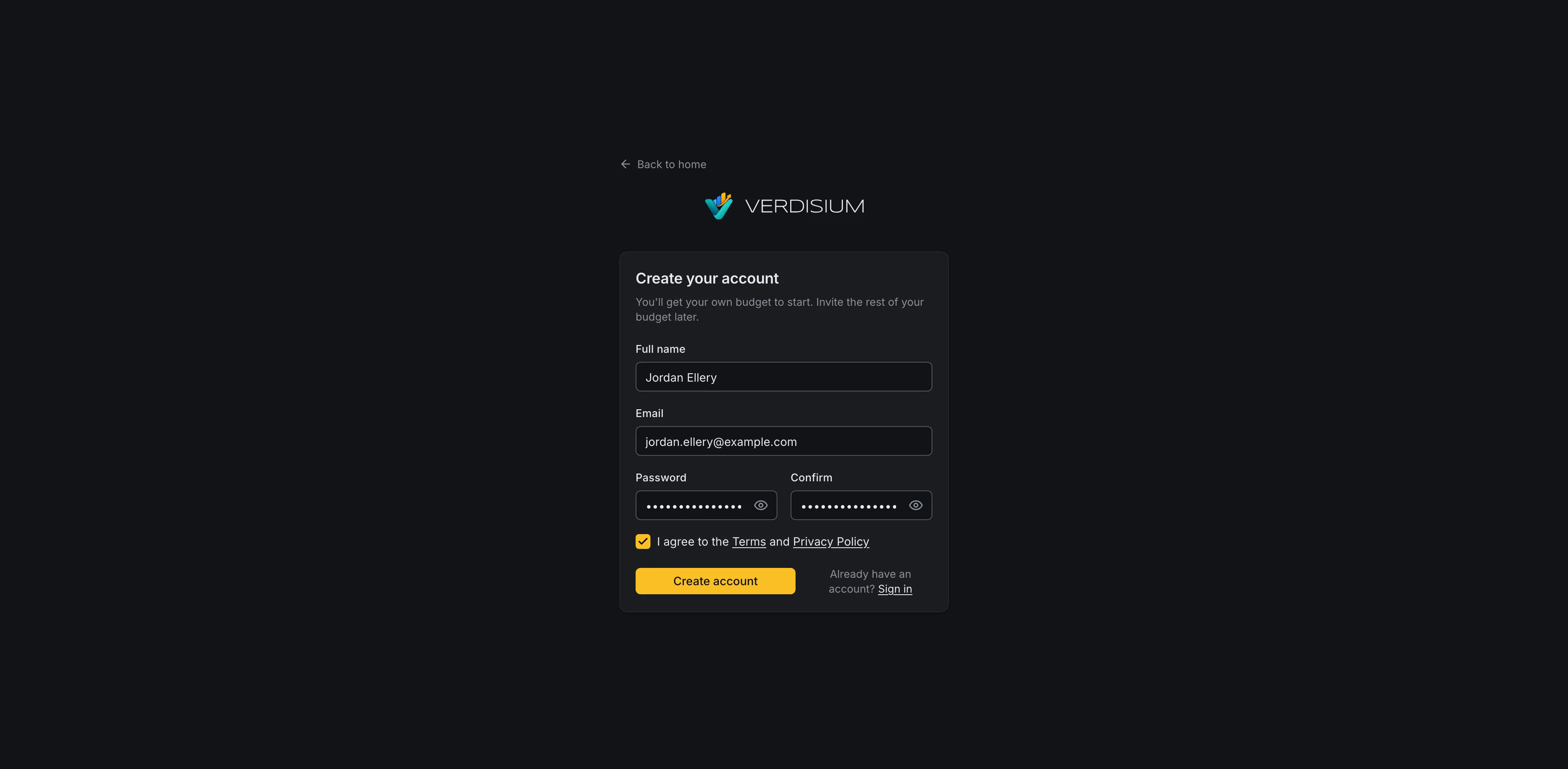 The sign-up form: full name, email, password, and agreeing to the terms