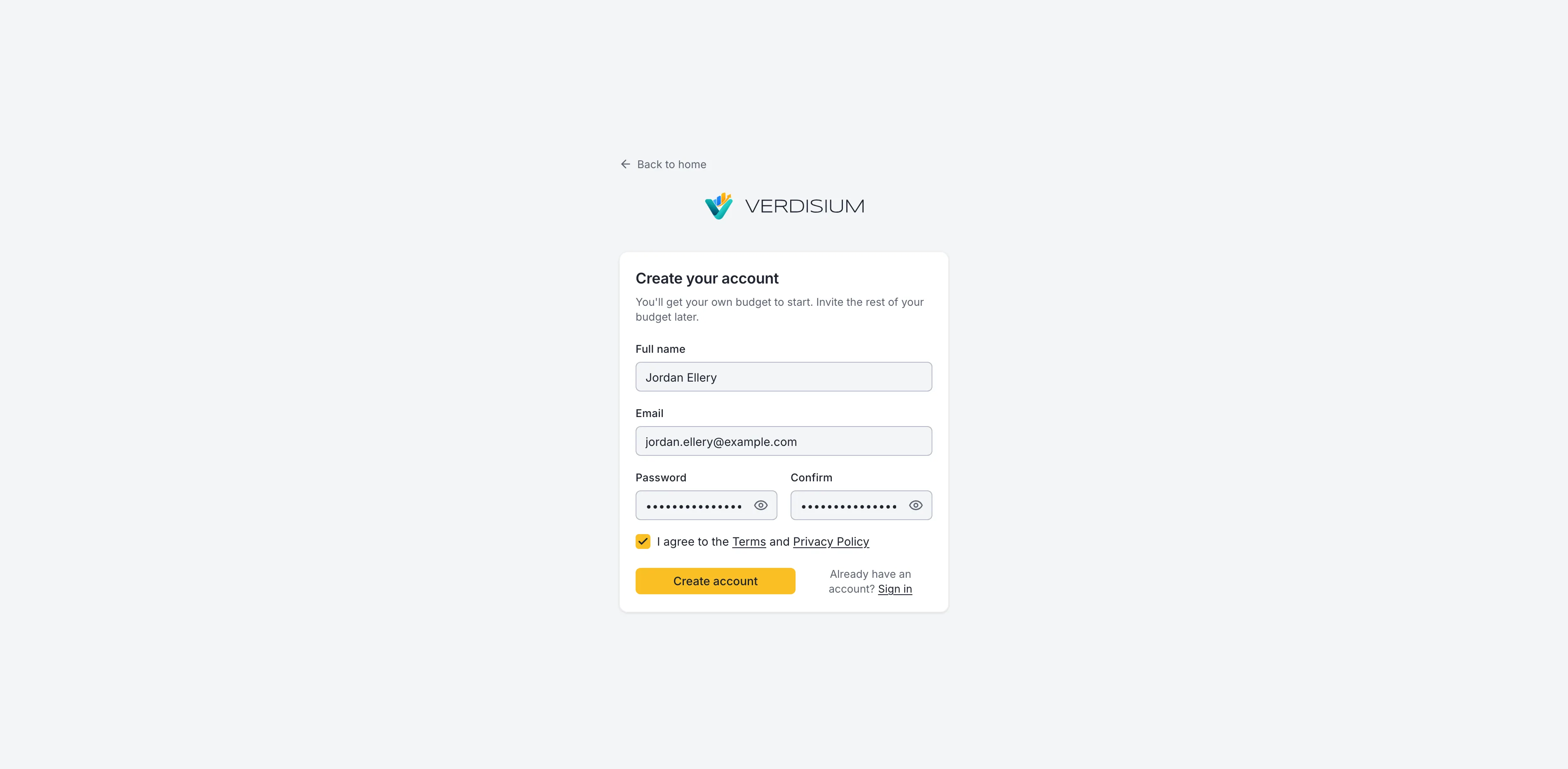 The sign-up form: full name, email, password, and agreeing to the terms
